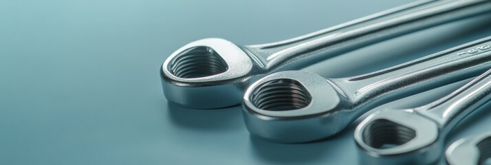 Poster - Three metallic wrenches arranged on a smooth surface, showcasing their design and function.