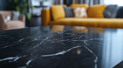 Poster - A close-up of a marble table with a blurred living room background.