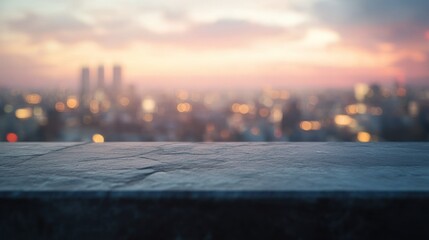 Wall Mural - A blurred city skyline at sunset with a stone surface in the foreground.