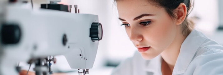 Canvas Print - A focused young woman sewing at a sewing machine, demonstrating craftsmanship and creativity.