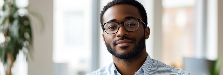 Wall Mural - A young man with glasses smiling in a modern office setting.