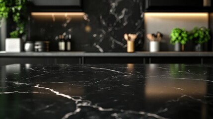 Wall Mural - A modern kitchen with a sleek black marble countertop and stylish decor.