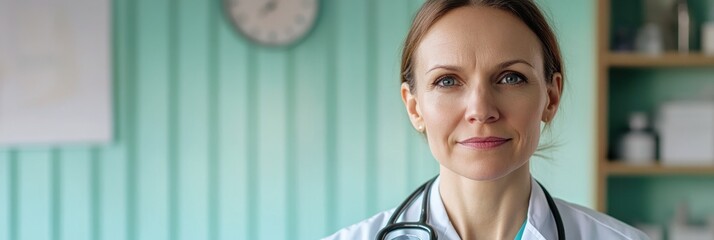 Wall Mural - A confident female doctor in a medical setting, emphasizing healthcare and professionalism.