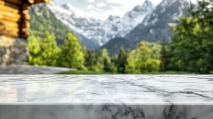 A blurred mountain landscape with a marble tabletop in the foreground.