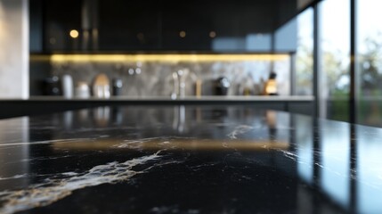 Wall Mural - A sleek black marble kitchen countertop with a modern backdrop.