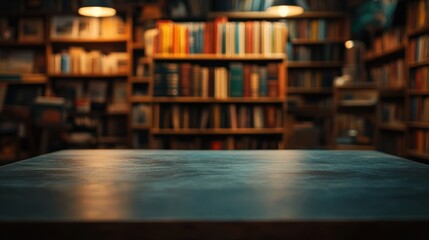 Wall Mural - A cozy library scene with a wooden table and shelves filled with books in the background.