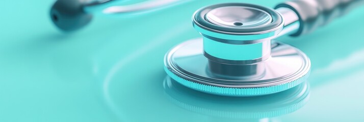 Wall Mural - A close-up of a stethoscope on a smooth, teal surface, symbolizing healthcare and medicine.