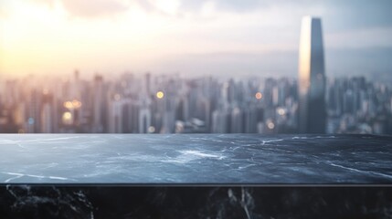 Wall Mural - A sleek marble countertop with a city skyline backdrop during sunset.