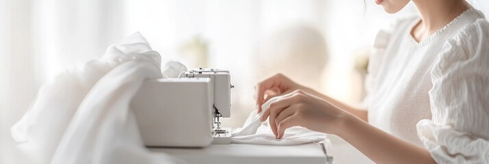 Wall Mural - A person sewing fabric on a sewing machine, focused on garment creation.