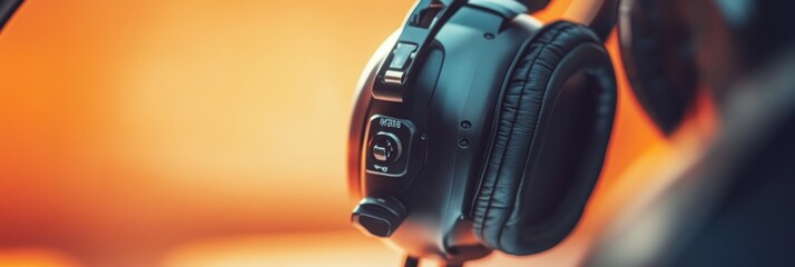 Wall Mural - Close-up of headphones against a warm background, emphasizing sound and comfort.