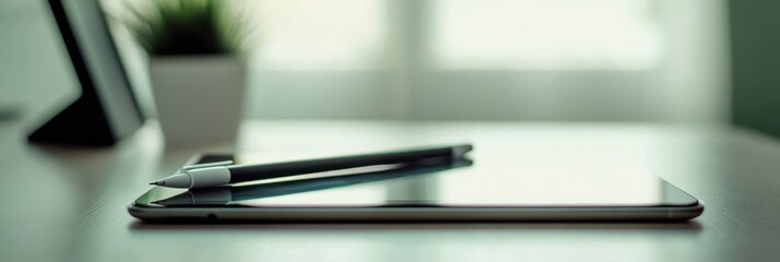 Canvas Print - A tablet and stylus on a wooden desk with soft natural light in the background.