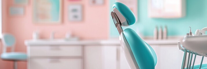 Poster - A modern dental office featuring a turquoise dental chair and a bright, inviting atmosphere.