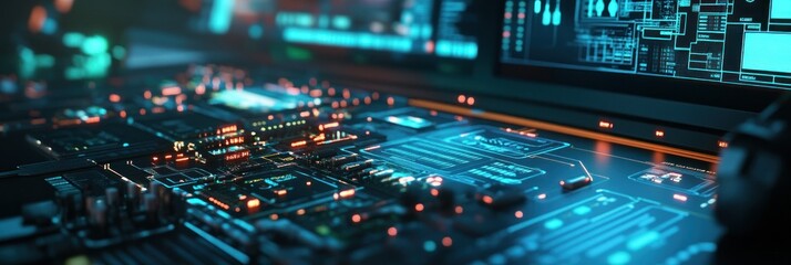 A close-up of a futuristic circuit board with glowing elements and digital displays.