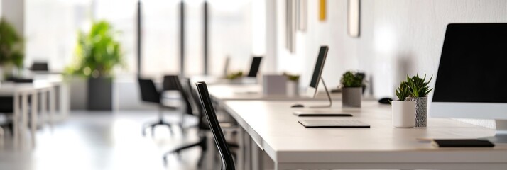 Poster - Modern office space with desks, plants, and computers, promoting a productive environment.