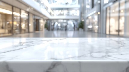 Sticker - A blurred view of a modern shopping mall with a marble countertop in the foreground.