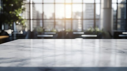 Canvas Print - A marble countertop with a blurred cityscape in the background, suggesting a modern workspace.