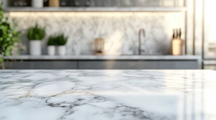 Poster - A marble countertop in a modern kitchen with a blurred background of cabinetry and plants.