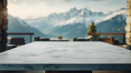 Wall Mural - A marble table in the foreground with mountains and a scenic landscape in the background.