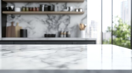 Wall Mural - A modern kitchen with a marble countertop and a blurred background showcasing shelves and greenery.