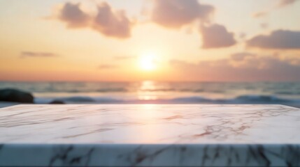 Sticker - A serene sunset over the ocean, viewed from a marble table.