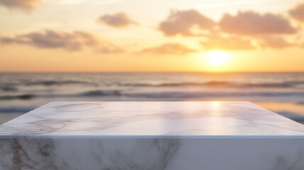 Poster - A marble surface with a sunset over the ocean, creating a serene atmosphere.