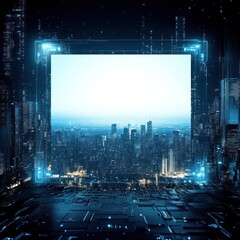 Sticker - A futuristic digital landscape featuring a city view framed in a high-tech environment.