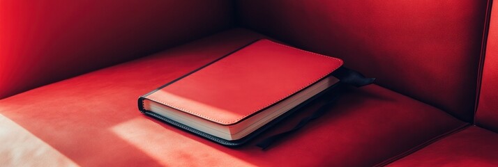 Poster - A red notebook resting on a vibrant red couch, suggesting creativity and organization.