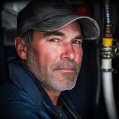 Canvas Print - A close-up portrait of a man with a rugged appearance, wearing a cap and jacket.