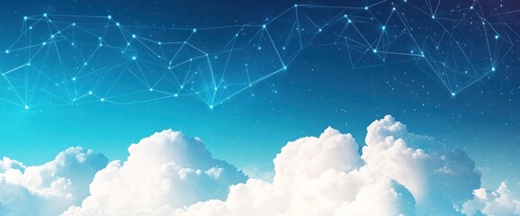 Poster - A digital sky with clouds and a network of stars, symbolizing connection and technology.