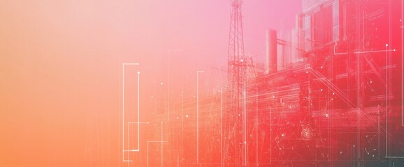 Wall Mural - Abstract industrial scene with digital overlays and a gradient background.