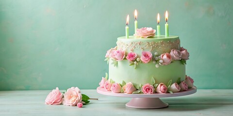 Wall Mural - Pastel mint and pink cake with delicate floral decorations and twinkling candles, pastel, mint, pink, cake, floral