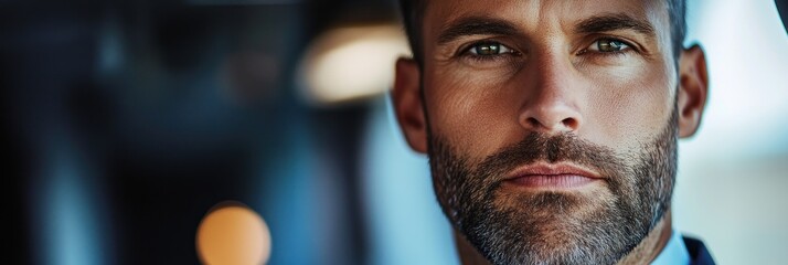 Poster - Close-up portrait of a serious man with a beard in a professional setting.