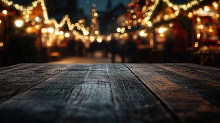 Poster - A festive market scene with twinkling lights and a wooden table in the foreground.