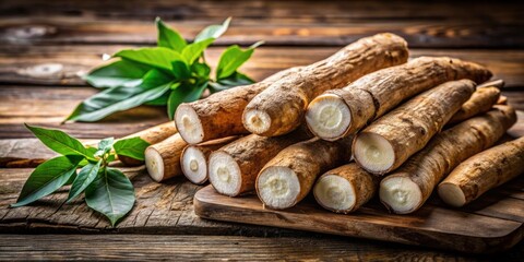 Sticker - Fresh organic cassava roots on rustic wooden table , cassava, mandioca, aipim, Brazilian cuisine, root vegetable, raw