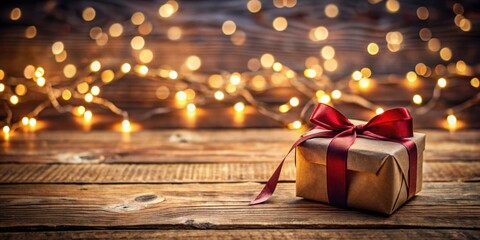 Canvas Print - Gift placed on aged wooden floor surrounded by twinkling bokeh lights, Gift, old, wooden floor, bokeh lights, vintage