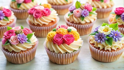 Sticker - Pretty floral cupcakes with beautiful flower decorations , cupcakes, floral, flowers, pastel, pink, blue, celebration, dessert