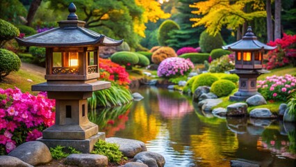 Sticker - Tranquil Japanese garden with traditional stone lanterns and colorful flowers , Kamakura, temple, Japan, meditation