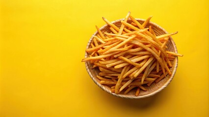 Wall Mural - Batata palha crunchy potato straw snack on a bright yellow background , food, snack, Brazilian, cuisine, crispy, thin