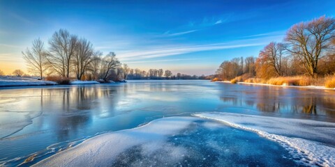 Sticker - Frozen lake water covered in a layer of ice in a winter December landscape, winter, cold, frozen, ice, lake, water, reflection