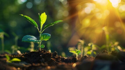 Young plant sprout in morning sunlight, symbolizing growth and nature