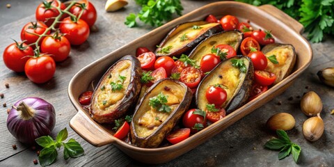 Poster - Whole baked eggplant and potatoes served with fresh tomatoes , vegetarian, healthy, farm-to-table, organic, delicious