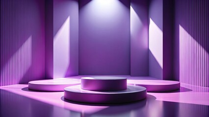 Poster - Abstract purple interior with round podiums and sunlight shadows, purple, interior, abstract, podiums, round, sunlight