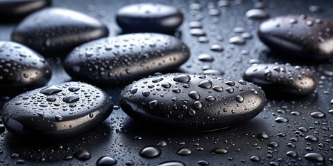 Canvas Print - Close-up of wet black massage stones with water droplets background, perfect for spa and relaxation concept