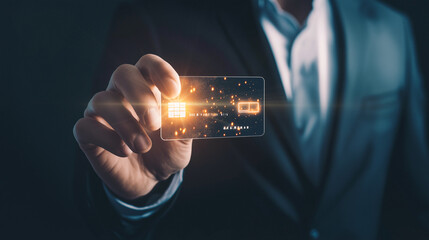  A businessman holds a futuristic digital credit card, symbolizing the advanced technology in secure financial transactions and digital payments.