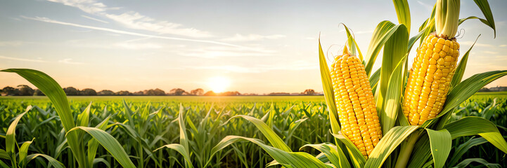 Ripe corn cobs in field at sunset, Agriculture and farming concept.