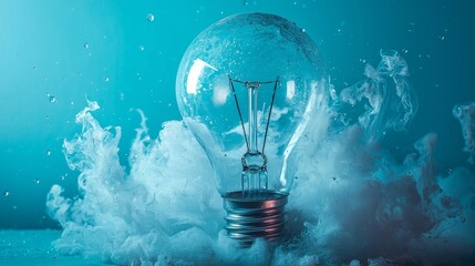 Creative lightbulb with swirling smoke in blue background