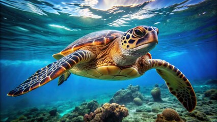 Wall Mural - Close up of a hawksbill turtle swimming in the ocean, Hawksbill turtle, Eretmochelys imbricata