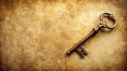 Poster - Old vintage key on grungy paper background, antique, retro, aged, rusty, metal, vintage, key, paper, background, texture, aged