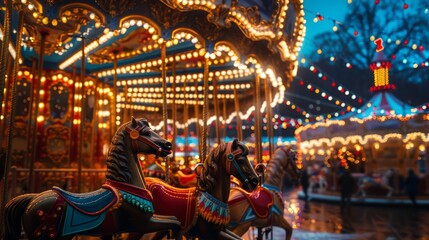 A merry go round with horses and lights on it at night, a fun attraction