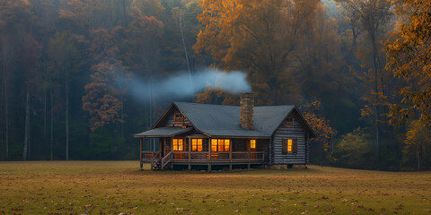 A rustic wooden cottage hidden among the trees in the forest.